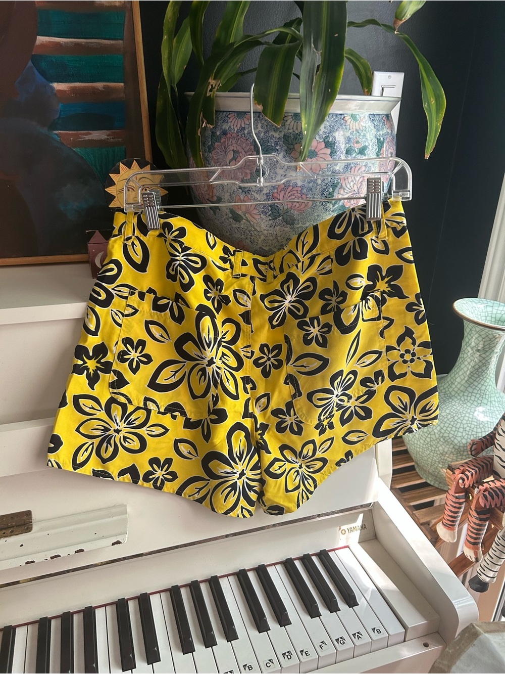 WWomen's Yellow Floral Bermuda Shorts with Black Print - Picture 9 of 12